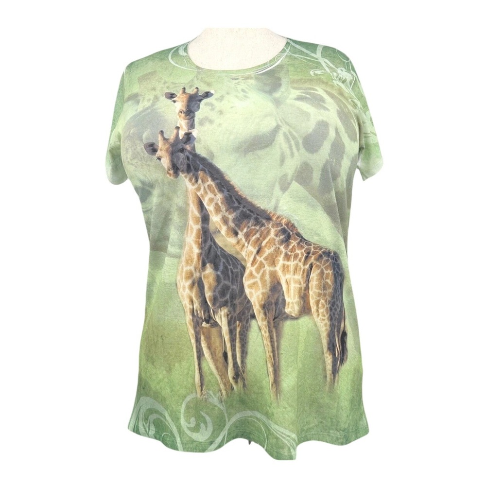 Wms XXL Graphic T-Shirt Green Giraffe Safari Animal Print Sunshirt Made in USA